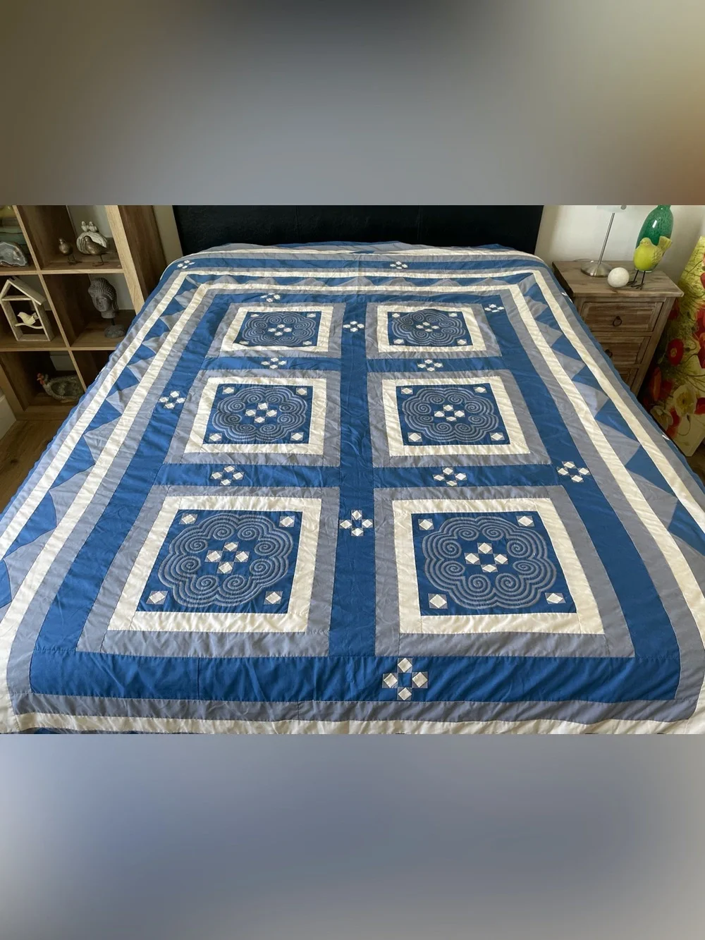 Vintage Hmong Paj Ntaub Applique Bedspread Blue White Spiral Textile 89x105”